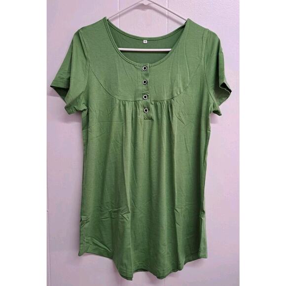 Women’s Short-sleeve Button-up Tunic Top T-Shirts Green– Size M - Picture 1 of 9